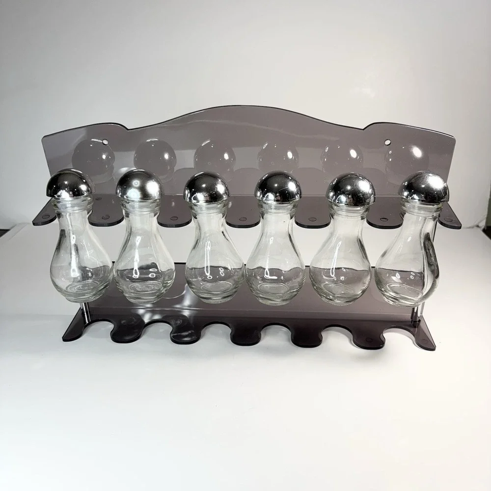 Vtg Two Tier Wall Contemporary Acrylic Gray Spice‎ Rack 6 Spice Bottles